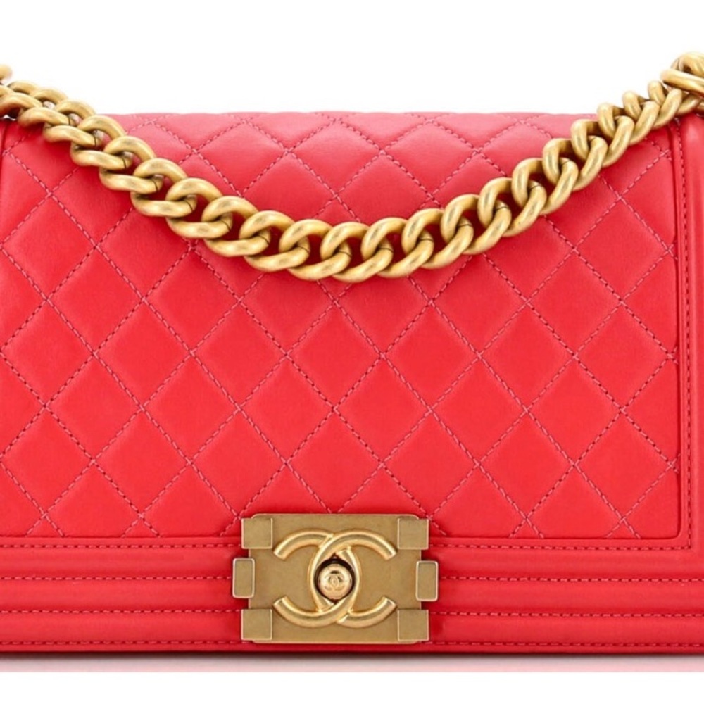 Authentic Chanel Red Quilted Boy Bag
